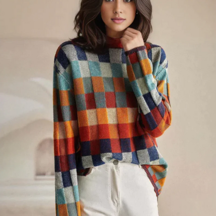 Women's Checked High Collar Knitted Jumper
