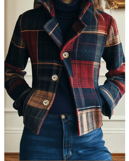 Women's Plaid Patchwork Single-Breasted Wool-Blend Jacket - Multicolored