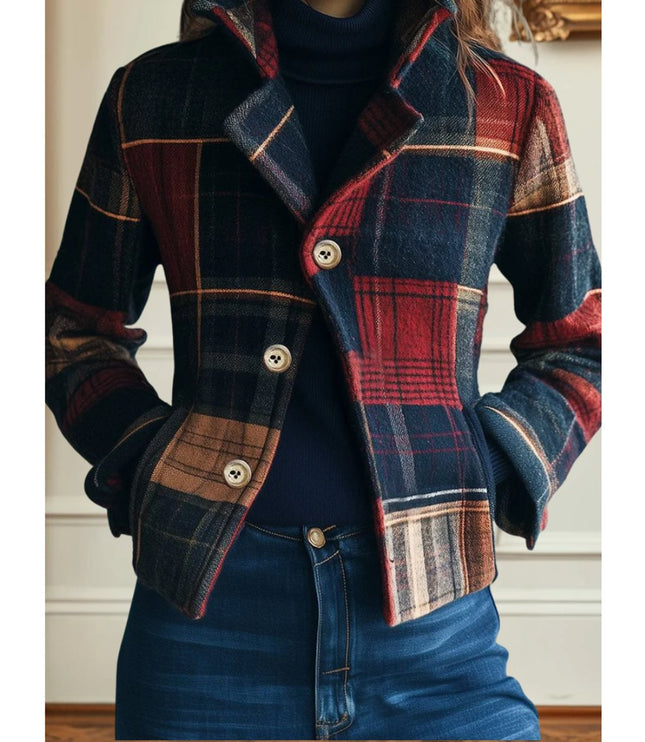Women's Plaid Patchwork Single-Breasted Wool-Blend Jacket - Multicolored