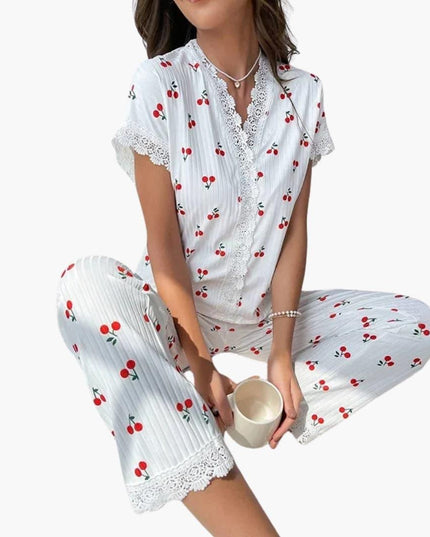 Women's Cherry Motif Lace Trim Pyjamas