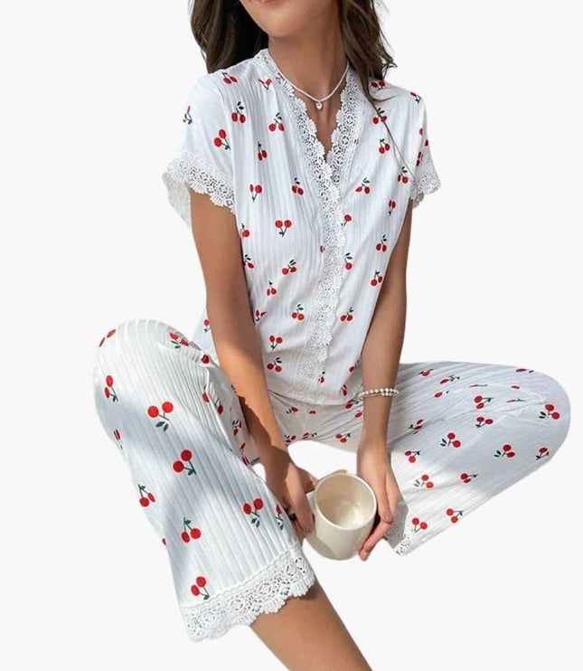 Women's Cherry Motif Lace Trim Pyjamas