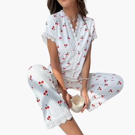 Women's Cherry Motif Lace Trim Pyjamas