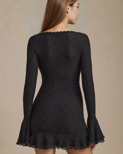 Vestido mini ajustado de cóctel con encaje negro y manga larga para mujer
