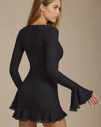 Vestido mini ajustado de cóctel con encaje negro y manga larga para mujer