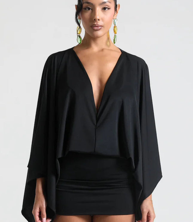 Vestido mini de fiesta para mujer con mangas capa y caída fluida