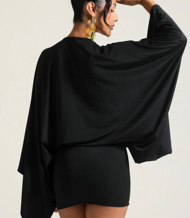 Vestido mini de fiesta para mujer con mangas capa y caída fluida