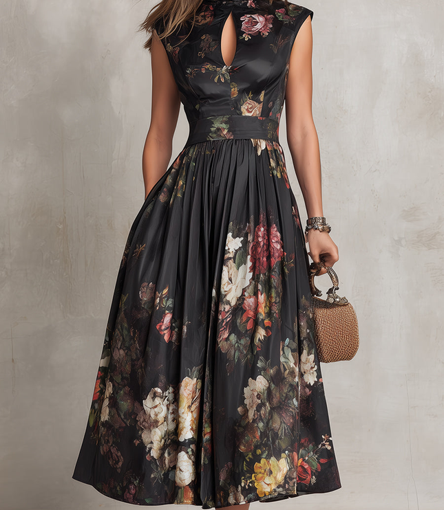 Front view of black floral midi dress with sleeveless high neckline and flowing midi skirt