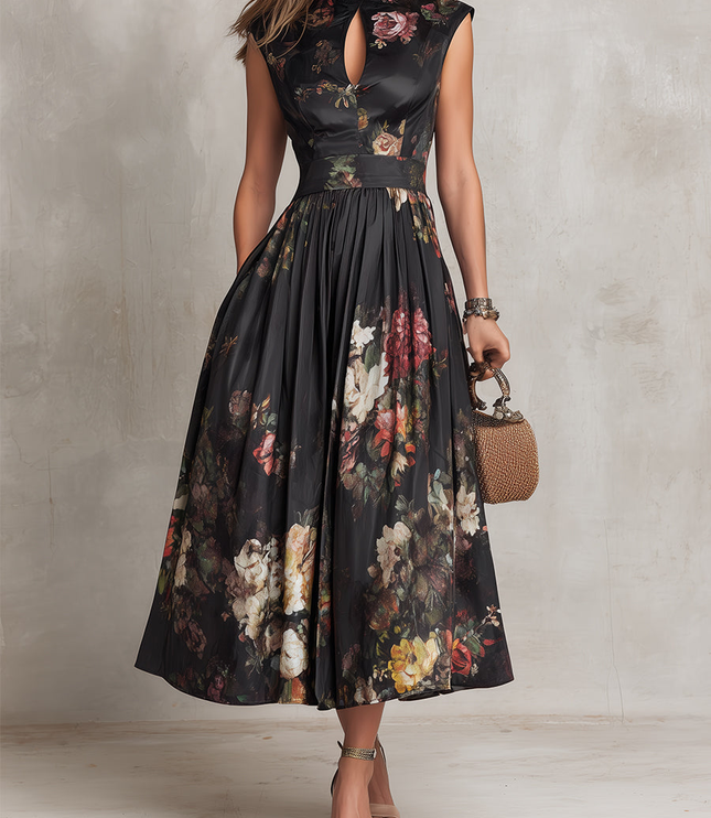 Black floral midi dress with high neck, keyhole cutout, and full skirt for cocktail wear