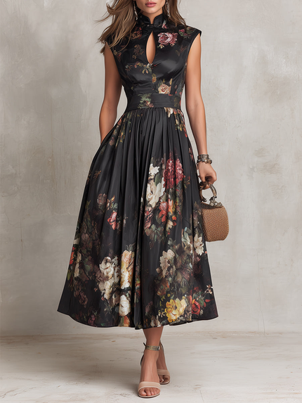 Black floral midi dress with high neck, keyhole cutout, and full skirt for cocktail wear