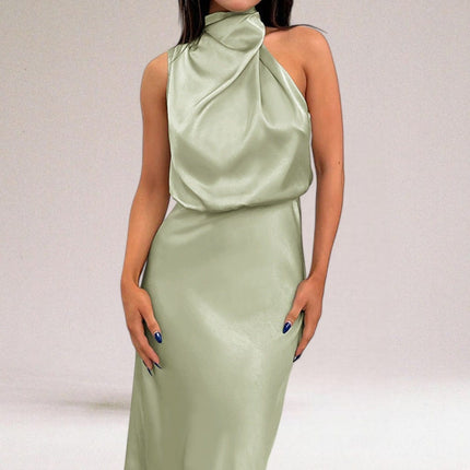 Sage green halter midi dress with draped satin top and fitted skirt