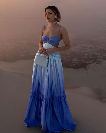 Blue ombre sweetheart maxi dress with tiered skirt and cutout waist detail