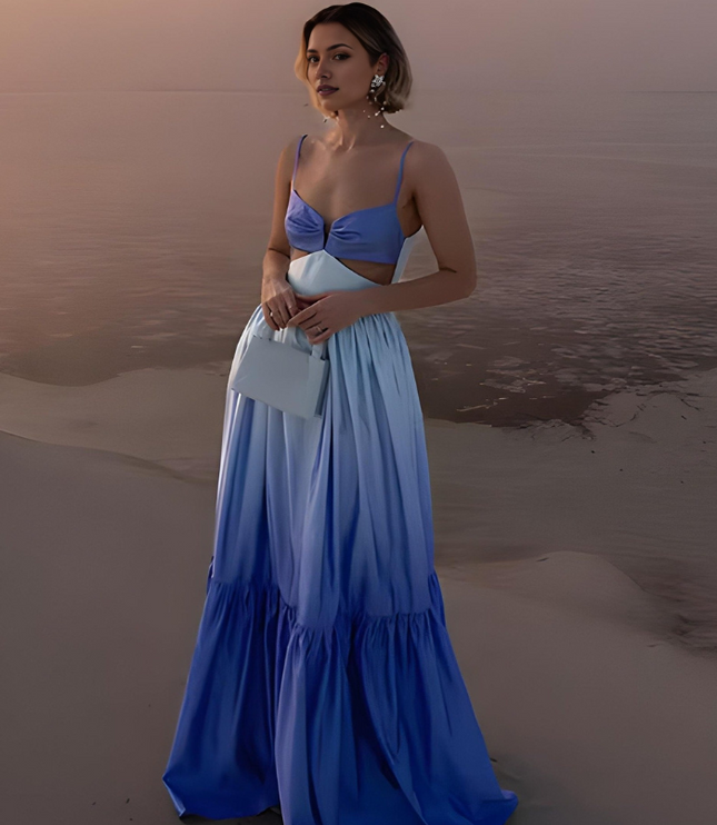 Blue ombre sweetheart maxi dress with tiered skirt and cutout waist detail