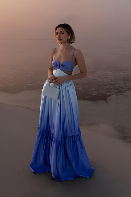 Blue ombre sweetheart maxi dress with tiered skirt and cutout waist detail
