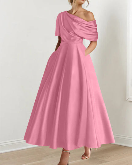 Rose pink one-shoulder maxi dress with draped half-sleeve and full skirt
