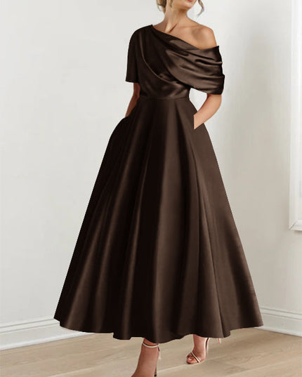 Deep brown off-shoulder maxi dress with half-sleeve wrap and full skirt
