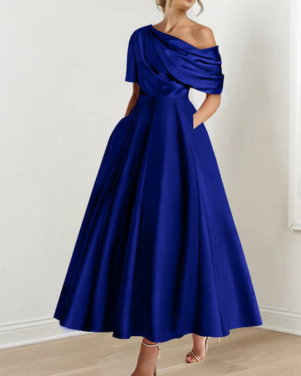 Royal blue off-shoulder maxi dress with draped half-sleeve and A-line skirt