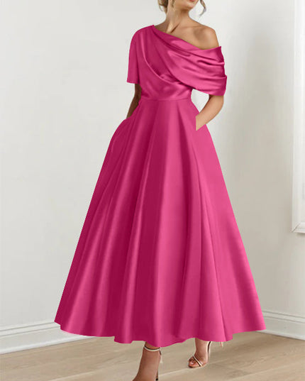 Magenta off-shoulder maxi dress with half-sleeve drape and A-line silhouette