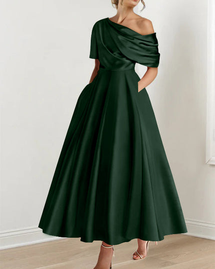 Forest green off-shoulder maxi dress with half-sleeve and A-line skirt
