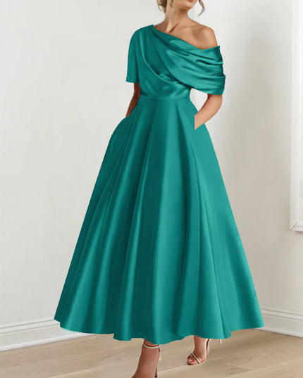 Turquoise off-shoulder maxi dress with half-sleeve and flowing A-line skirt