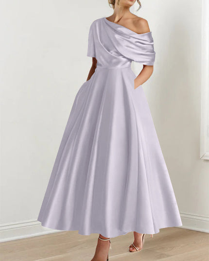 Lavender one-shoulder maxi dress with draped half-sleeve and full skirt