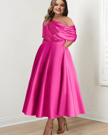 pink one-shoulder maxi dress with half-sleeve and A-line silhouette