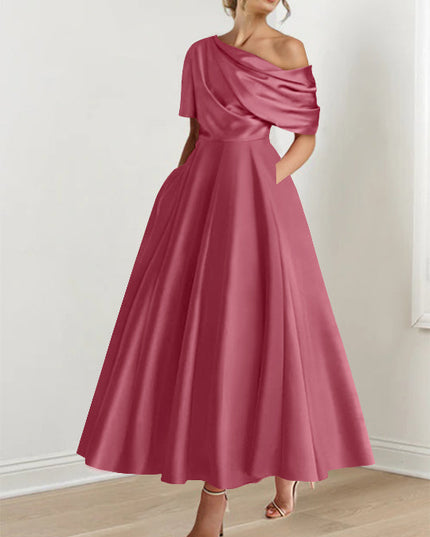 Rose one-shoulder maxi dress with half-sleeve drape and voluminous skirt