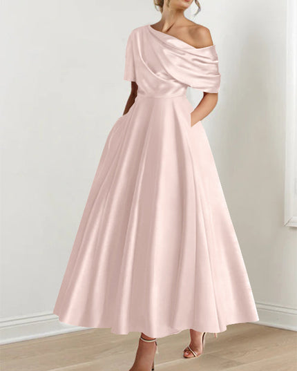 Blush pink one-shoulder maxi dress with half-sleeve and pockets