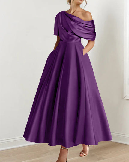 Deep purple off-shoulder maxi dress with flowing half-sleeve