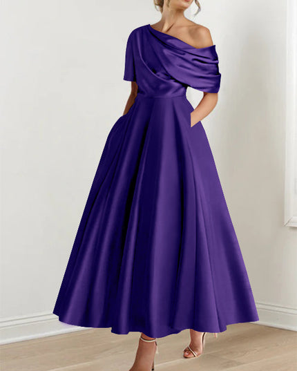 Navy blue off-shoulder maxi dress with half-sleeve and full skirt