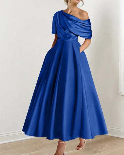 Royal blue one-shoulder maxi dress with draped neckline