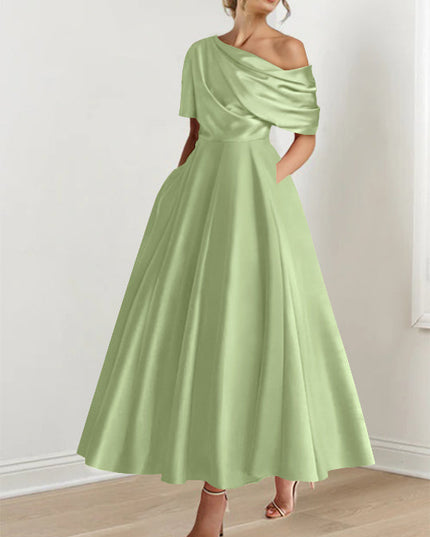 Sage green off-shoulder maxi dress with soft flowing half-sleeve
