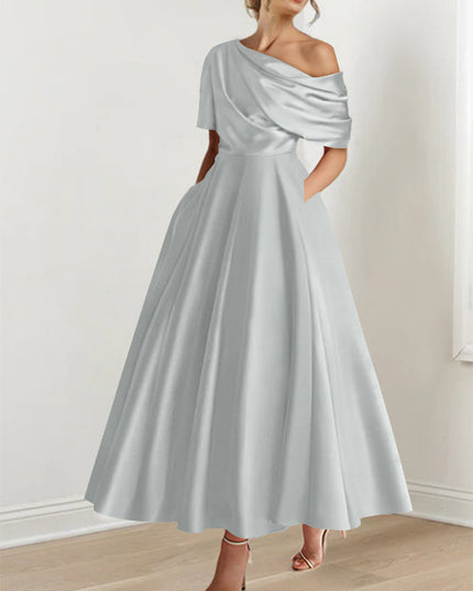 Silver gray one-shoulder maxi dress with half-sleeve and draped neckline