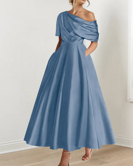 Slate blue off-shoulder maxi dress with draped bodice and half-sleeves