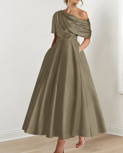 Olive green one-shoulder maxi dress with half-sleeve and elegant A-line silhouette
