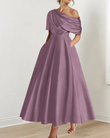 Mauve purple off-shoulder maxi dress with half-sleeves and pleated bodice