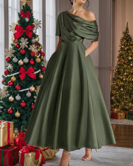 Olive green one-shoulder maxi dress with draped neckline holiday styling