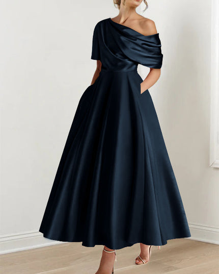 Navy blue off-shoulder maxi dress with draped half-sleeves and elegant A-line