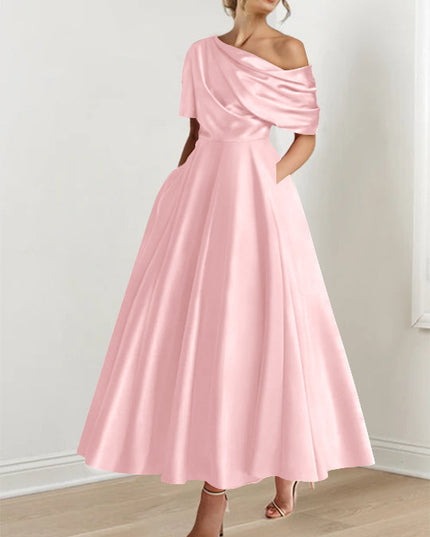 Pink one-shoulder half-sleeve maxi dress with draped neckline and full skirt