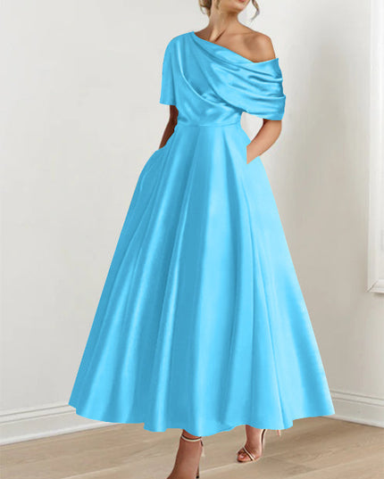 Light blue one-shoulder maxi dress with draped neckline and half-sleeve
