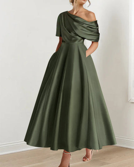 Olive green one-shoulder maxi dress with half-sleeve and full skirt