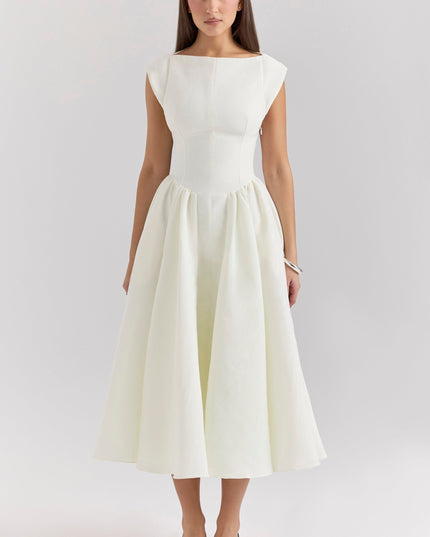 Front view of ivory midi cocktail dress with boat neckline and full skirt