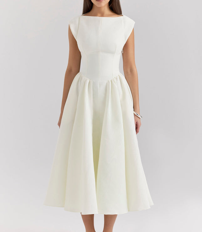 Front view of ivory midi cocktail dress with boat neckline and full skirt