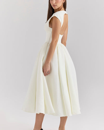 Back view of ivory midi dress with open back and cap sleeves
