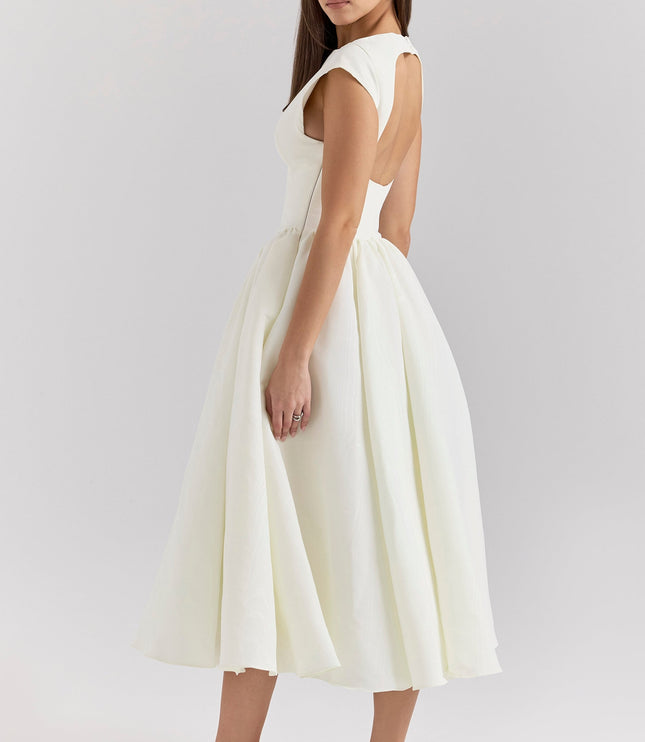 Back view of ivory midi dress with open back and cap sleeves