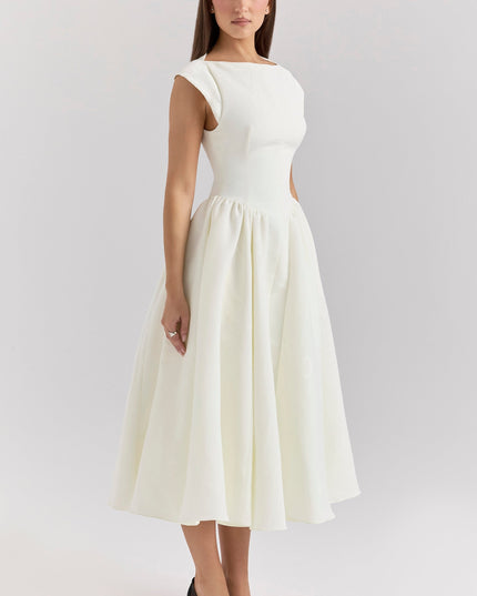 Front view of ivory midi dress with gathered skirt and structured bodice