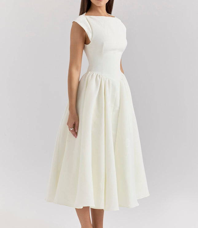 Front view of ivory midi dress with gathered skirt and structured bodice