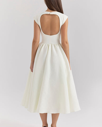 Back view of ivory midi dress with large open back and flared skirt