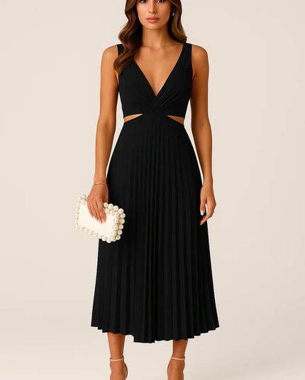 Black pleated midi dress with a v-neck, side cutouts, and a flowing skirt, styled with nude heels and a pearl clutch.