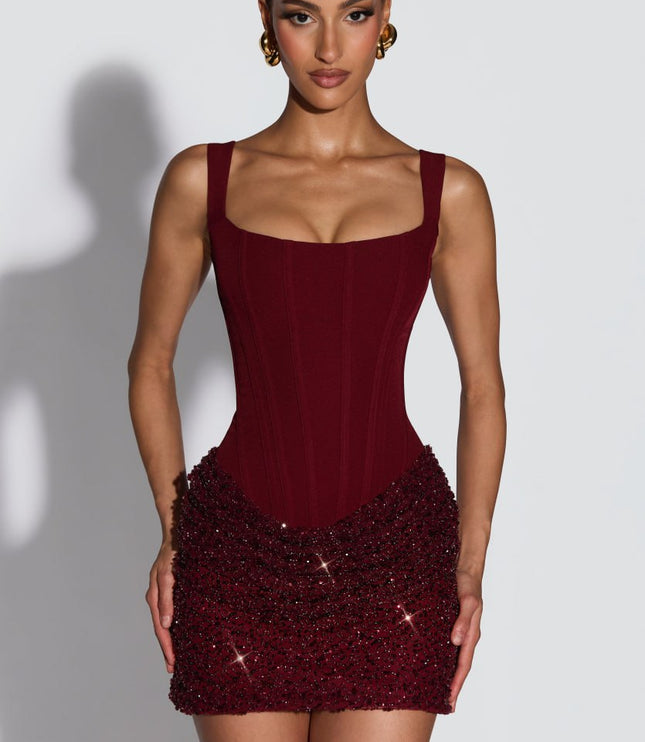 Vestido mini ajustado de cóctel rojo con corsé para mujer