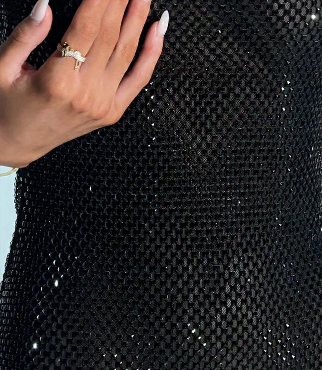 Vestido mini de fiesta para mujer con cuello cuadrado y pedrería para cóctel